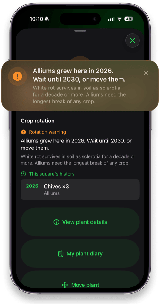 Crop rotation warning in the Niwa app reading Alliums grew here in 2026, wait until 2030 or move them, with an explanation about white rot