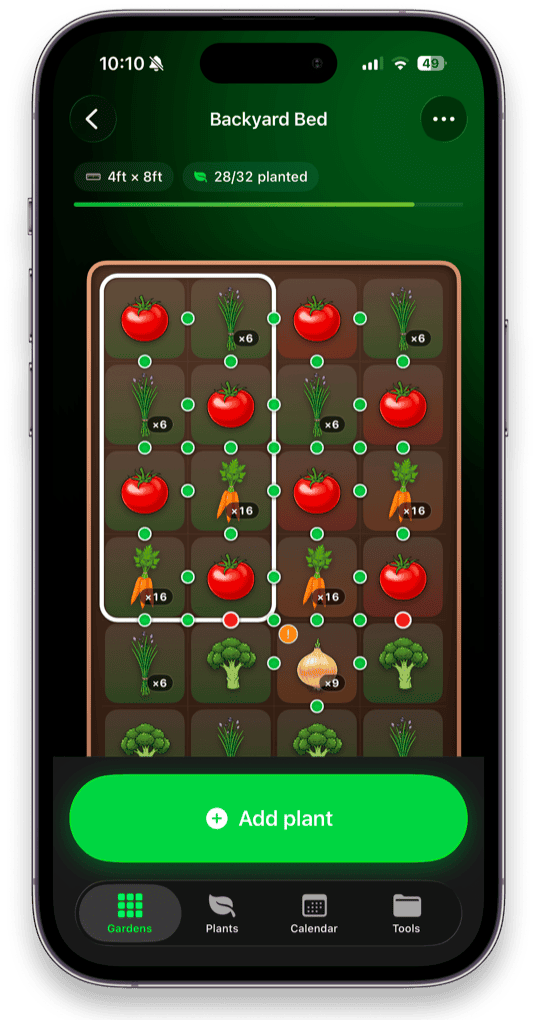 Niwa garden grid screen showing a 4ft by 8ft raised bed with tomatoes, carrots, broccoli and onions on a square foot grid