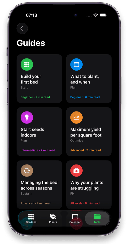 In-app guides in the Niwa app including build your first bed, what to plant and when, and why your plants are struggling