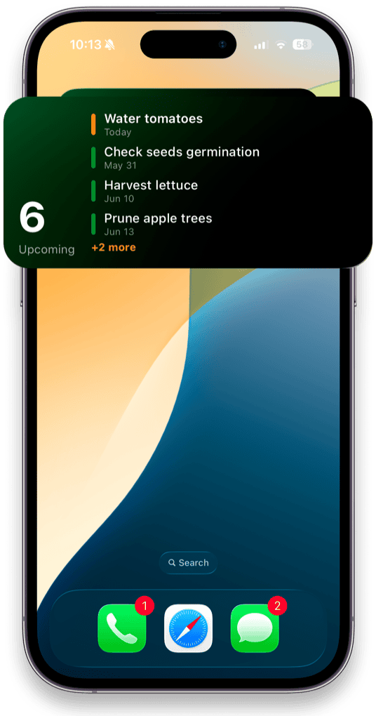 Niwa Lock Screen widget listing six upcoming garden tasks including water tomatoes and harvest lettuce