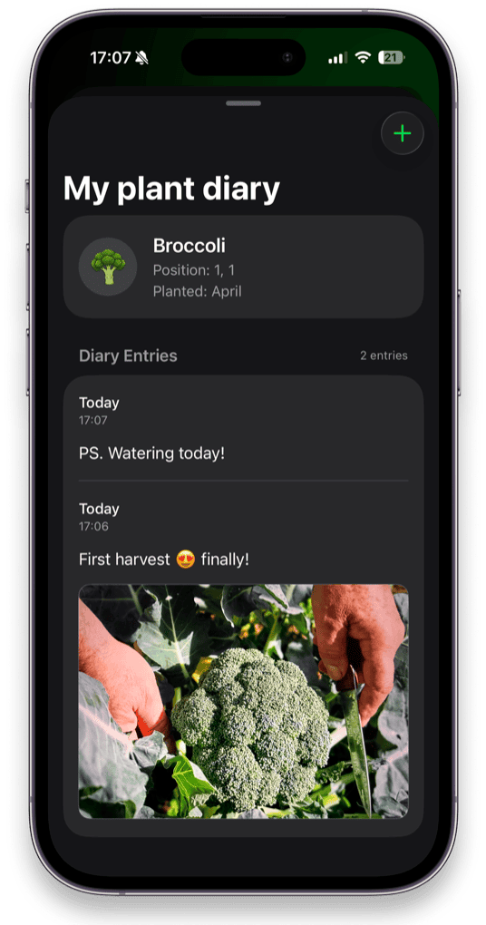 Niwa plant diary showing a broccoli entry with a harvest photograph and timestamped notes
