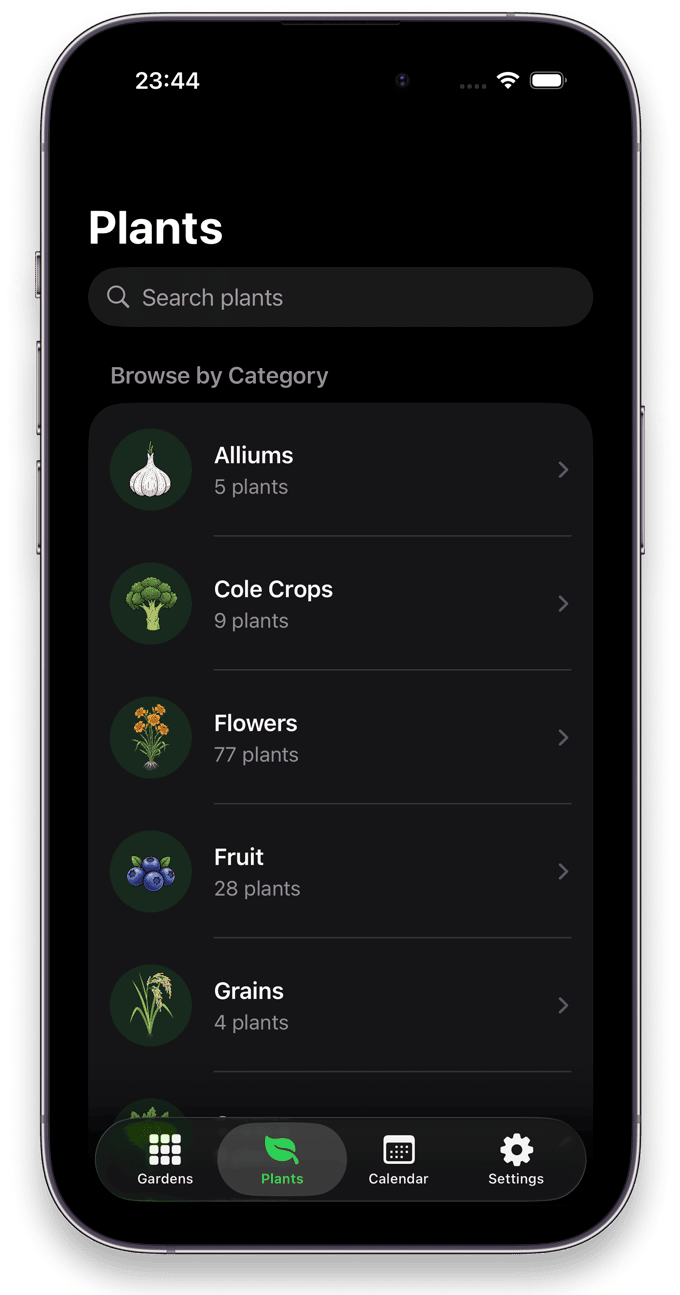 Niwa offline plant library on iPhone showing 200+ vegetables, herbs, flowers and trees browsable by category with no internet connection