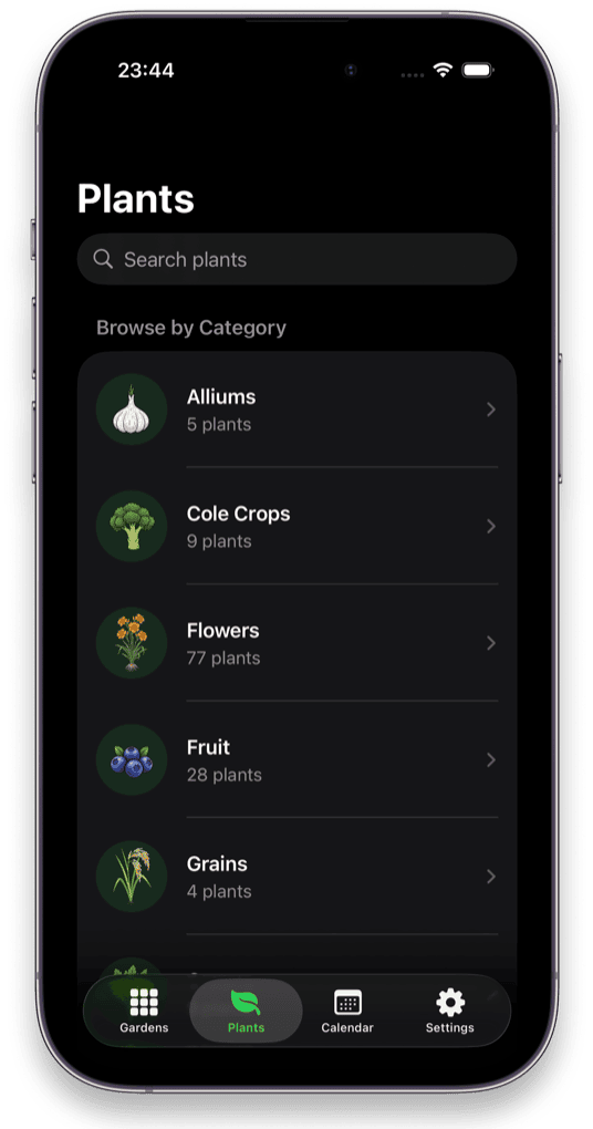 Niwa plant library browsing by category with alliums, cole crops, flowers, fruit and grains