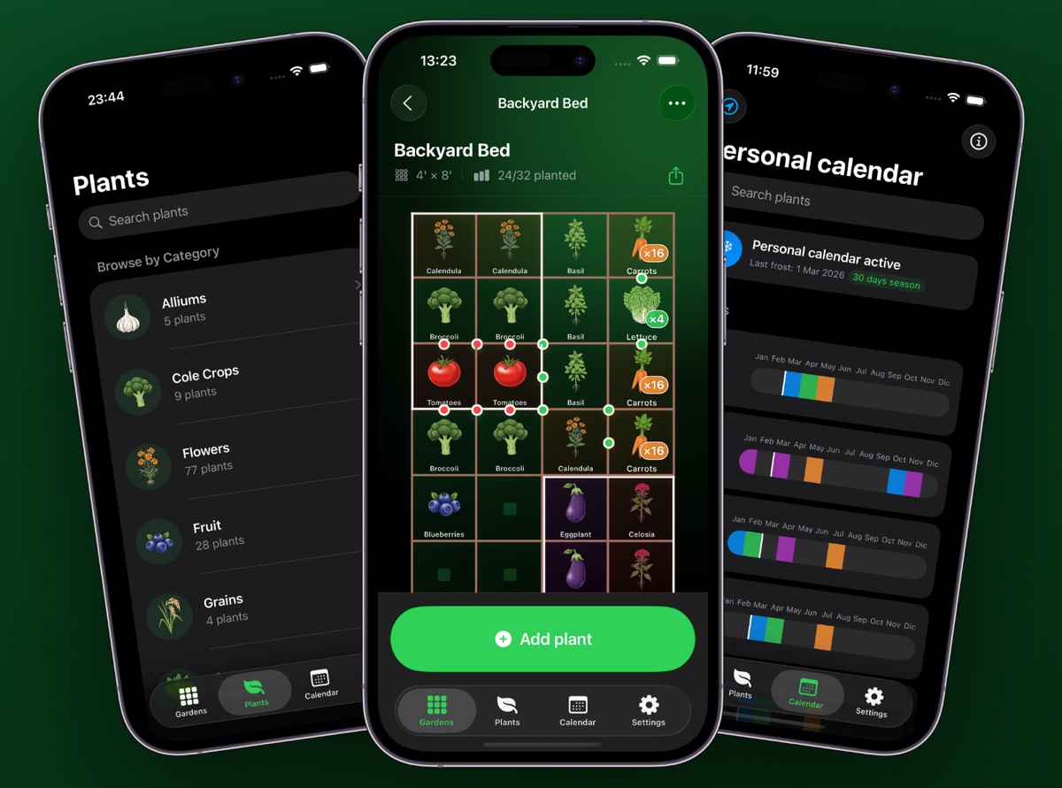 Niwa on iPhone showing a 4 by 8 raised bed divided into square foot cells, each square labelled with its crop and plant count such as carrots x16 and lettuce x4.
